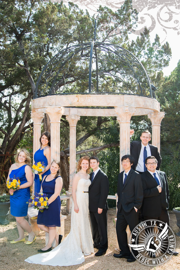 wedding party in royal blue and yellow