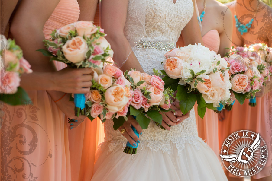 orange and pink bridesmaid bouquets with turquoise accents