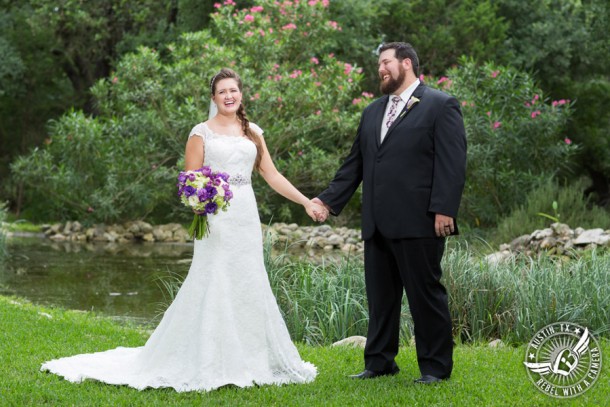 Sage Hall wedding photos at Texas Old Town bride and groom hold hands and laugh