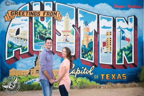 South Austin engagement session at Greetings from Austin mural