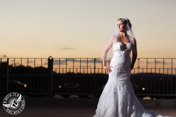 Bridal portraits on the Lamar Pedestrian Bridge in Downtown Austin, Texas.