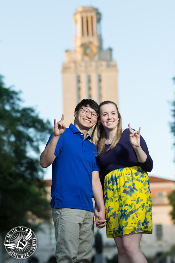 Fun Longhorn engagement session on the University of Texas campus in Austin, Texas Fun Longhorn engagement session on the University of Texas campus in Austin, Texas
