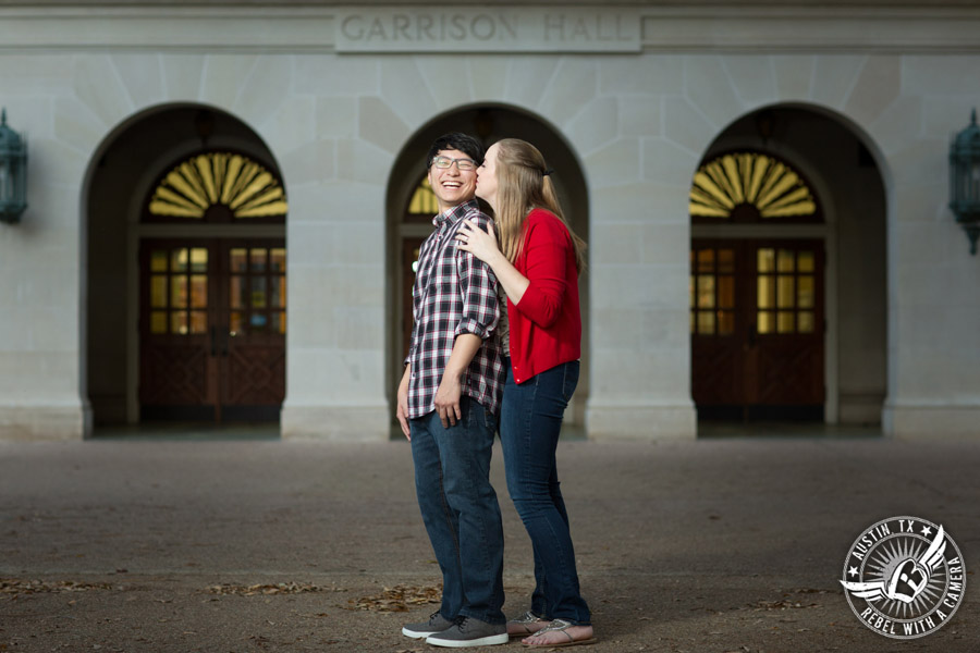 Fun Longhorn engagement session on the University of Texas campus in Austin, Texas Fun Longhorn engagement session on the University of Texas campus in Austin, Texas