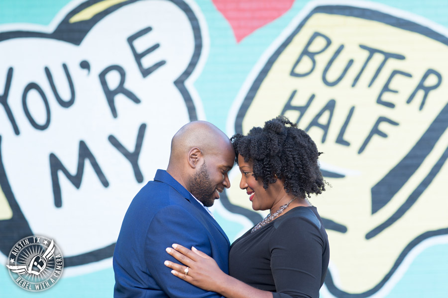 Downtown Austin engagement session at the You're My Butter Half mural Downtown Austin engagement session at the You're My Butter Half mural