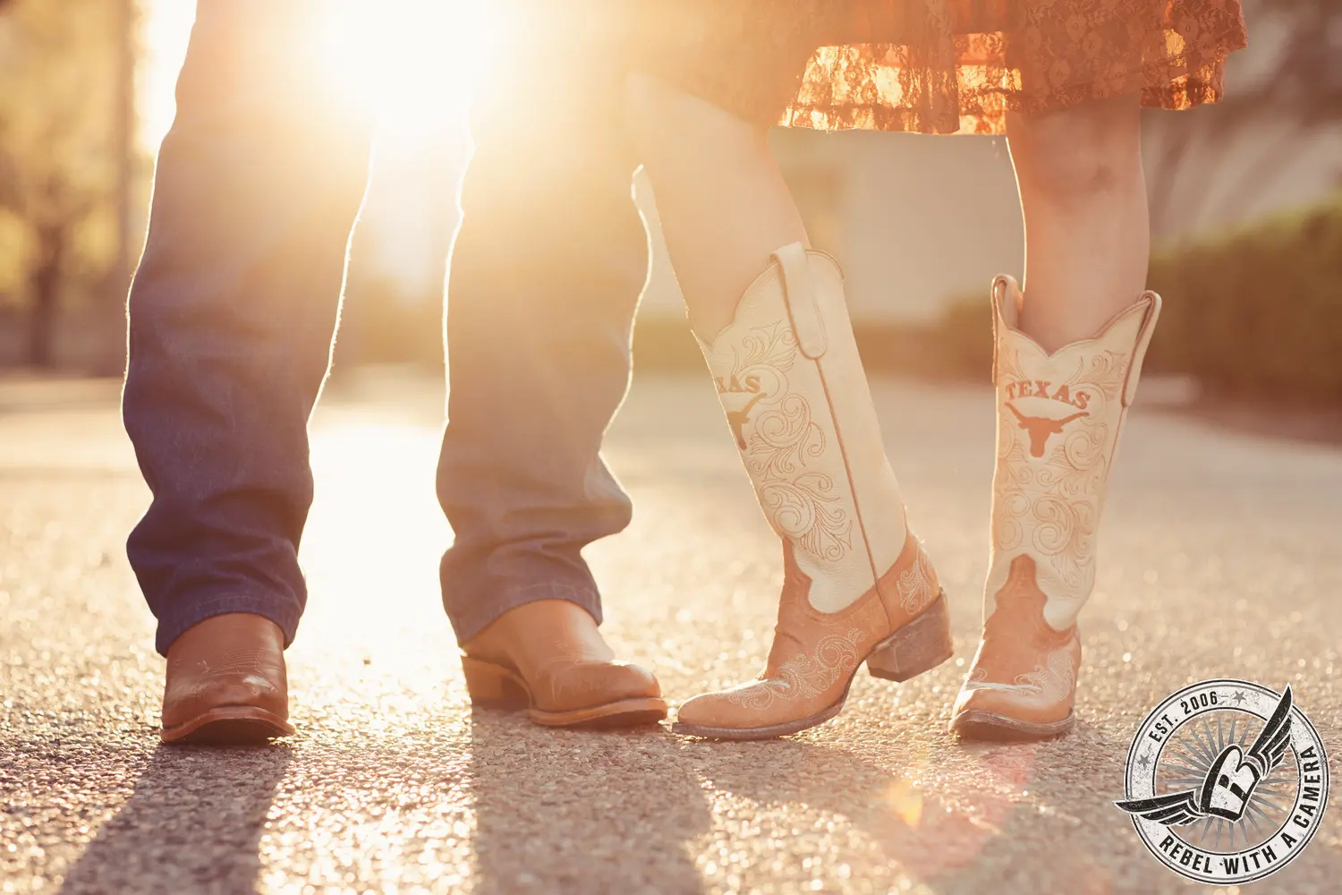 Close-up of cowboy boots in warm sunlight in Austin, TX.