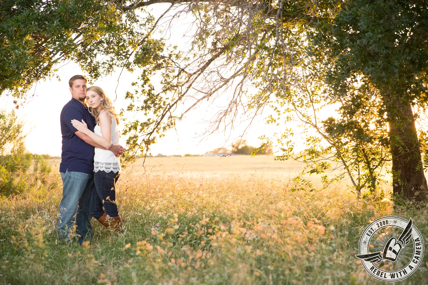 Couple embracing in a sunlit wildflower field beneath a large tree in Austin, TX.