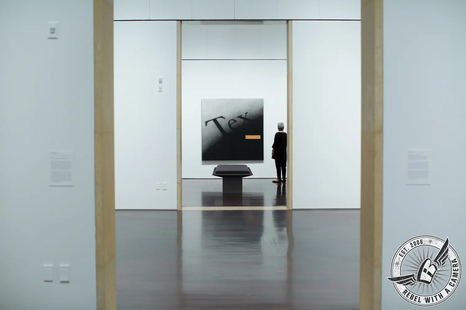 A visitor stands beside a large black-and-white artwork in a bright museum gallery, viewed through a wide doorway.