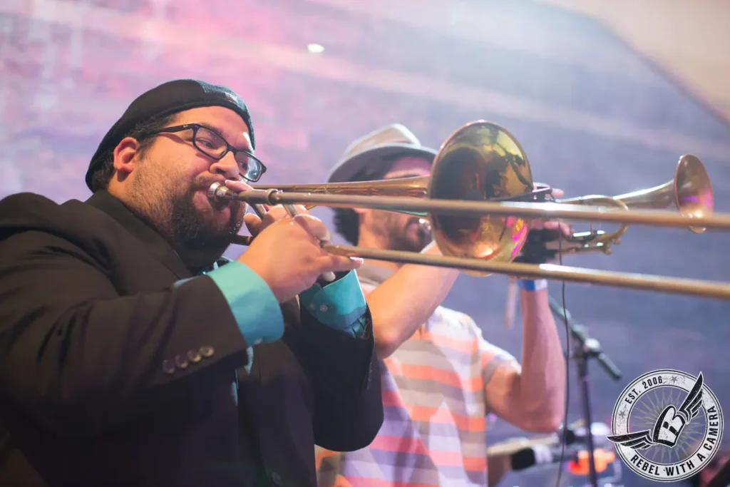 Trombone player performing with a live band in Austin, TX.