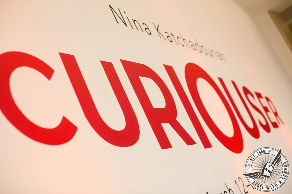 Close-up of the Curious exhibition title at the Blanton Museum