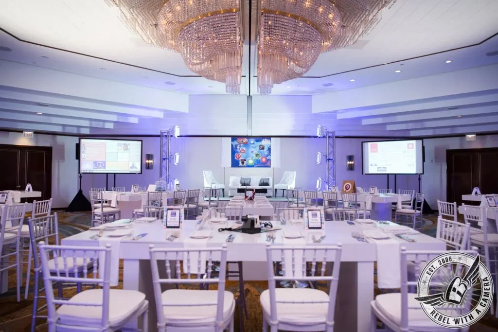 Ballroom prepared for a social media themed corporate event