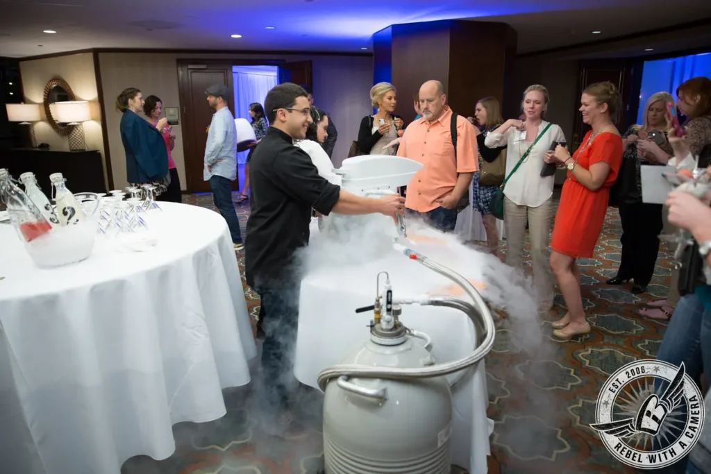 Event beverage demonstration with fog rising from a serving vessel in Austin, TX.