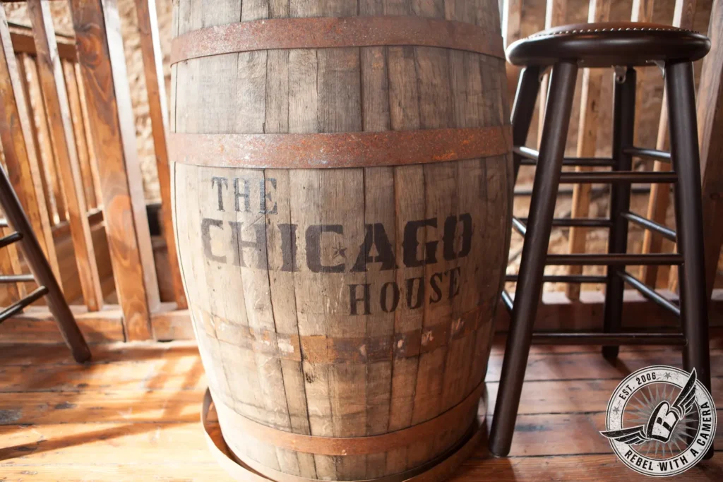 Wooden barrel labeled The Thicket House at a corporate event venue in Austin, TX.