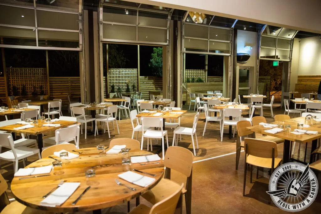 Restaurant dining room prepared for a corporate event in Austin, TX.