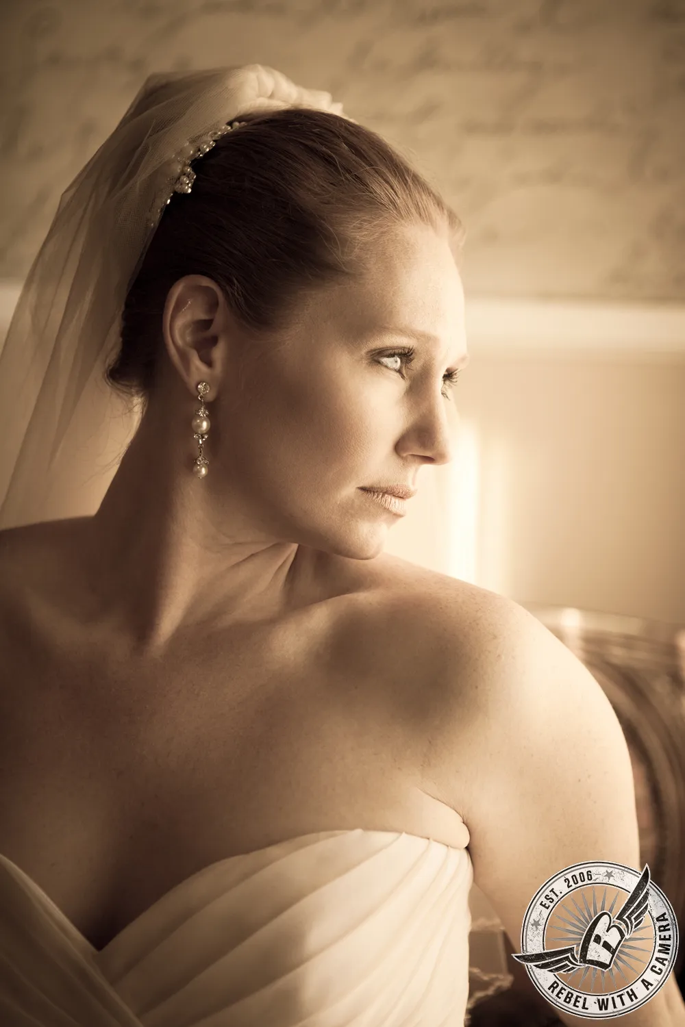 Sepia close portrait of a bride wearing a veil in Austin, TX.